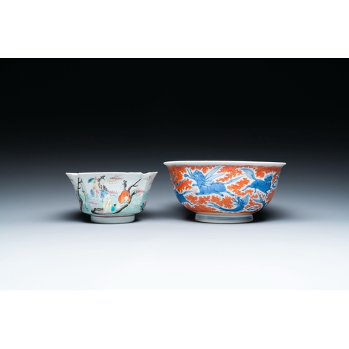 705 - A Chinese blue, white and iron-red 'dragon' bowl and a famille rose 'immortals' bowl, Jiaqing and Wa... 