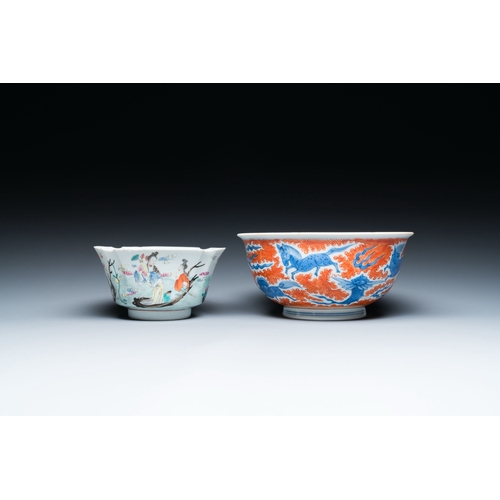 705 - A Chinese blue, white and iron-red 'dragon' bowl and a famille rose 'immortals' bowl, Jiaqing and Wa... 