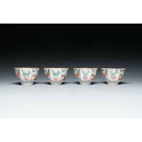 708 - Four Chinese famille rose cups and saucers, Xianfeng mark and of the periodDescription:Dia.: 13,5 cm... 