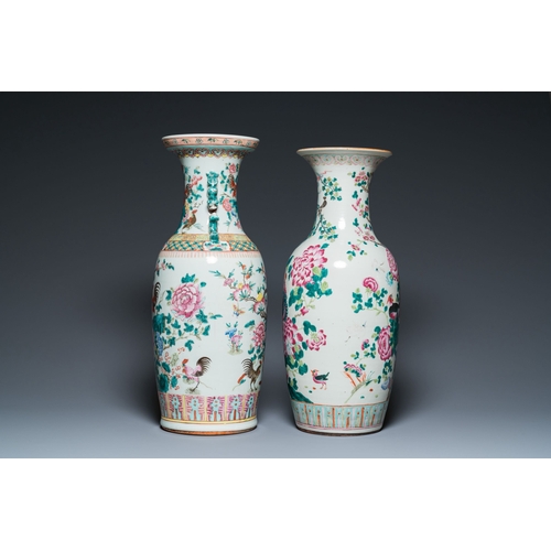 711 - Two Chinese famille rose vases with roosters and pheasants, 19th C.Description:H.: 61 cm (the talles... 