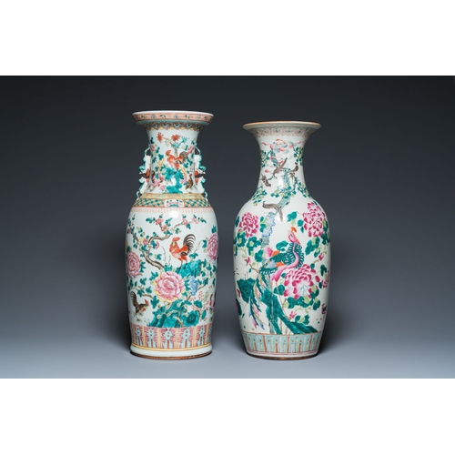 711 - Two Chinese famille rose vases with roosters and pheasants, 19th C.Description:H.: 61 cm (the talles... 