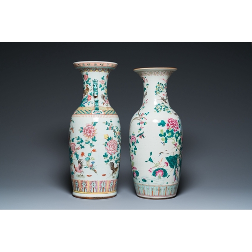 711 - Two Chinese famille rose vases with roosters and pheasants, 19th C.Description:H.: 61 cm (the talles... 