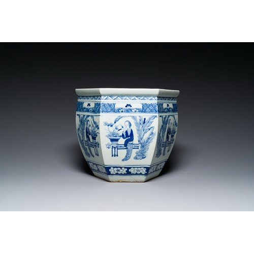 721 - Three Chinese blue and white, famille rose and famille verte fish bowls and jardinieres, 19th C.Desc... 