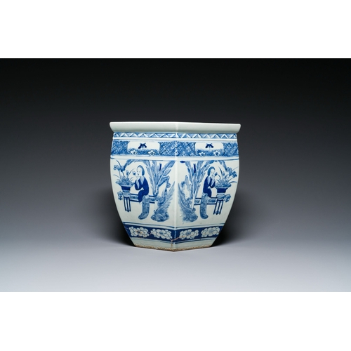 721 - Three Chinese blue and white, famille rose and famille verte fish bowls and jardinieres, 19th C.Desc... 