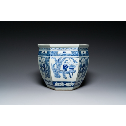 721 - Three Chinese blue and white, famille rose and famille verte fish bowls and jardinieres, 19th C.Desc... 