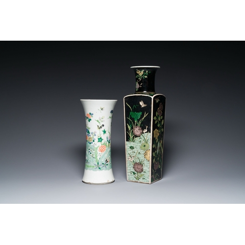 722 - A square Chinese famille noire vase and a famille verte 'gu' vase, Kangxi mark, 19th C.Description:H... 