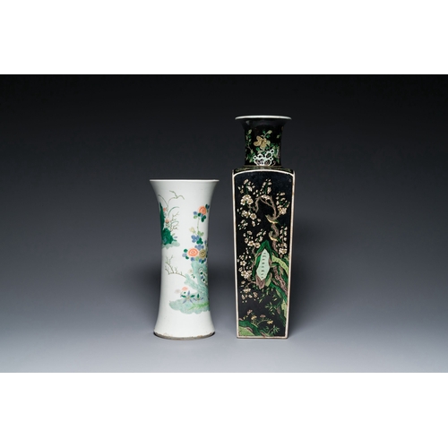 722 - A square Chinese famille noire vase and a famille verte 'gu' vase, Kangxi mark, 19th C.Description:H... 