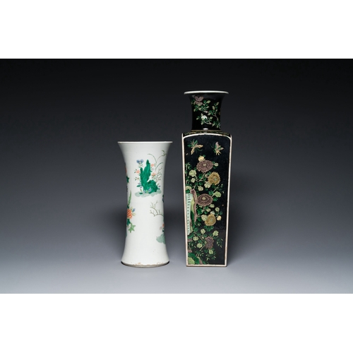 722 - A square Chinese famille noire vase and a famille verte 'gu' vase, Kangxi mark, 19th C.Description:H... 