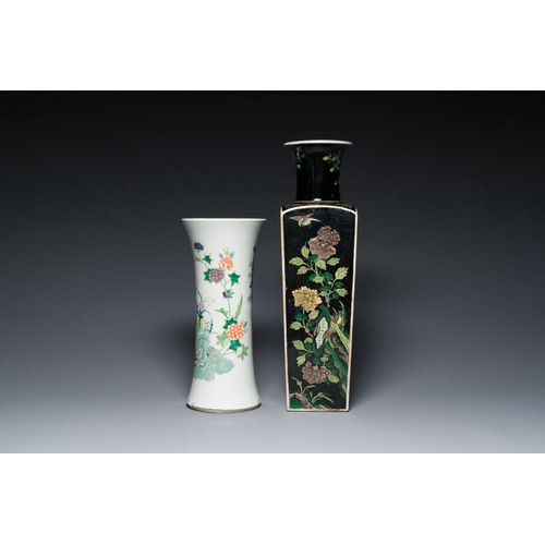 722 - A square Chinese famille noire vase and a famille verte 'gu' vase, Kangxi mark, 19th C.Description:H... 