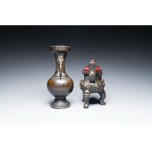 829 - A Chinese bronze 'immortals' censer and a vase, MingDescription:H.: 25 cm (the vase)Condition report... 