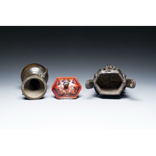 829 - A Chinese bronze 'immortals' censer and a vase, MingDescription:H.: 25 cm (the vase)Condition report... 