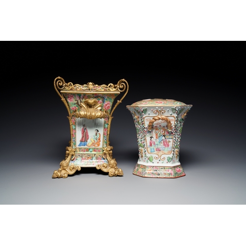 18 - Two fine Chinese Canton famille rose flower holders, one with a gilt bronze mount, 19th C.Descriptio... 