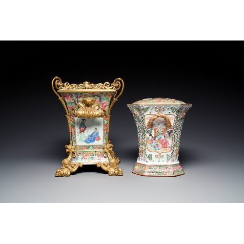 18 - Two fine Chinese Canton famille rose flower holders, one with a gilt bronze mount, 19th C.Descriptio... 