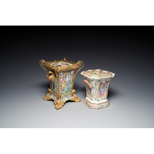 18 - Two fine Chinese Canton famille rose flower holders, one with a gilt bronze mount, 19th C.Descriptio... 