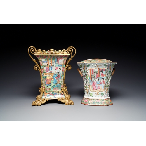 18 - Two fine Chinese Canton famille rose flower holders, one with a gilt bronze mount, 19th C.Descriptio... 