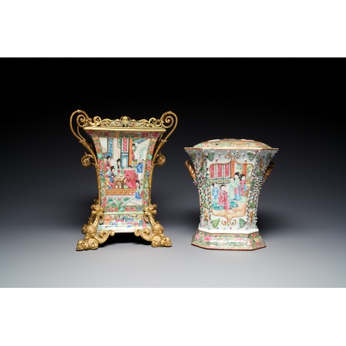 18 - Two fine Chinese Canton famille rose flower holders, one with a gilt bronze mount, 19th C.Descriptio... 