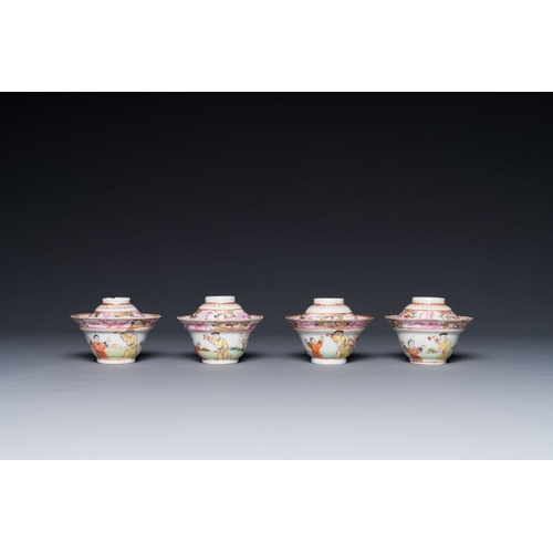 29 - Six Chinese Canton famille rose 'mandarin subject' cups and saucers with four covers, QianlongDia.: ... 