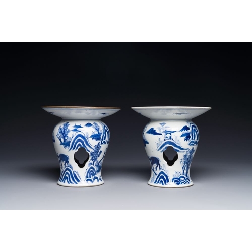 54 - A pair of rare Chinese blue and white 'fisherman, woodcutter, farmer and scholar' offering tazzas, Z... 