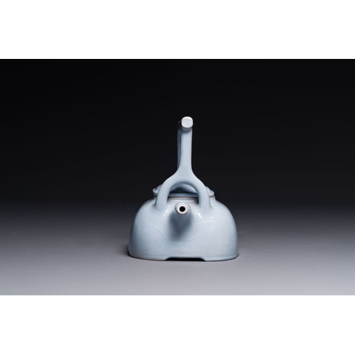 124 - A Chinese monochrome clair-de-lune-glazed Yixing stoneware teapot and cover, Yixing seal mark, Repub... 