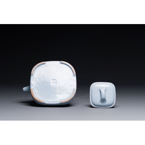 124 - A Chinese monochrome clair-de-lune-glazed Yixing stoneware teapot and cover, Yixing seal mark, Repub... 