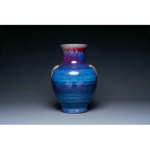 158 - A large Chinese flambe glaze 'hu' vase with taotie handles, QingH.: 53 cm