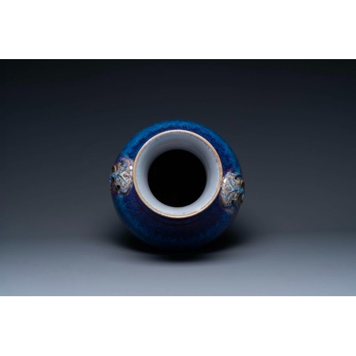 158 - A large Chinese flambe glaze 'hu' vase with taotie handles, QingH.: 53 cm