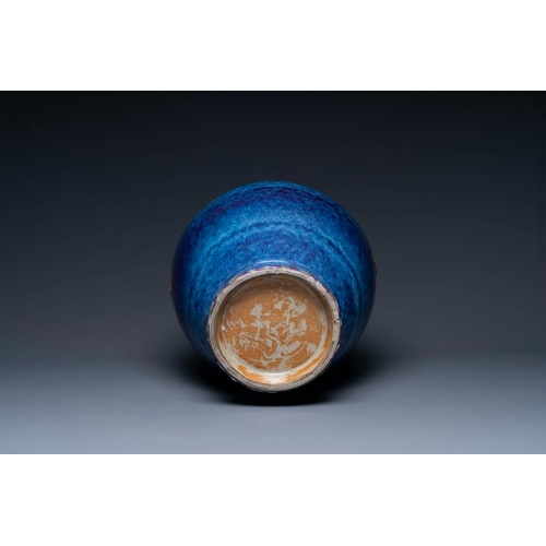 158 - A large Chinese flambe glaze 'hu' vase with taotie handles, QingH.: 53 cm