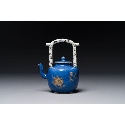 160 - A Chinese gilt-decorated powder-blue teapot and cover with a faux-bamboo handle, KangxiL.: 14 cm - H... 