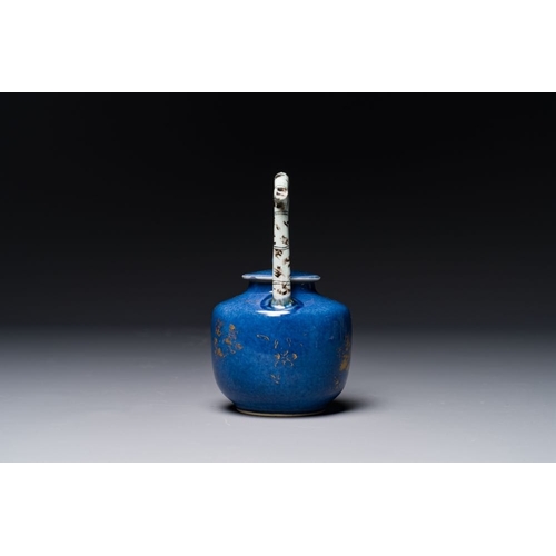 160 - A Chinese gilt-decorated powder-blue teapot and cover with a faux-bamboo handle, KangxiL.: 14 cm - H... 