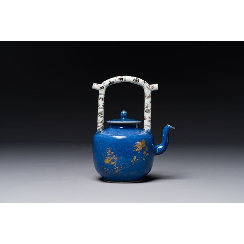 160 - A Chinese gilt-decorated powder-blue teapot and cover with a faux-bamboo handle, KangxiL.: 14 cm - H... 