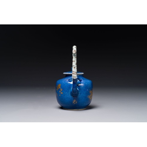 160 - A Chinese gilt-decorated powder-blue teapot and cover with a faux-bamboo handle, KangxiL.: 14 cm - H... 