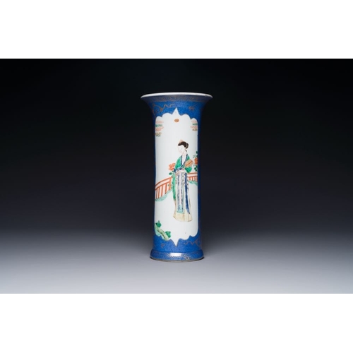 161 - A Chinese famille verte powder-blue-ground 'court lady' beaker vase, KangxiH.: 27,5 cm