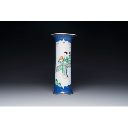 161 - A Chinese famille verte powder-blue-ground 'court lady' beaker vase, KangxiH.: 27,5 cm