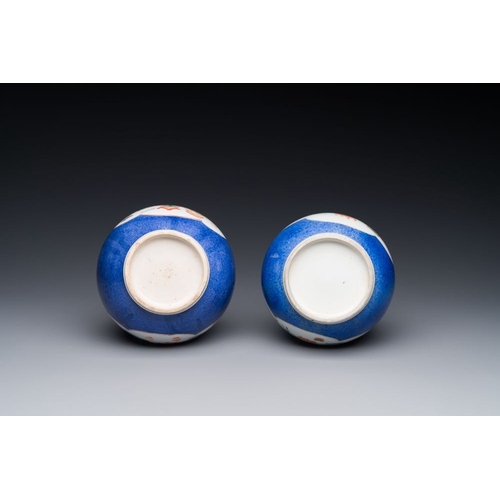 162 - A pair of Chinese famille verte powder-blue-ground triple gourd 'antiquities' vases, KangxiH.: 27,3 ... 