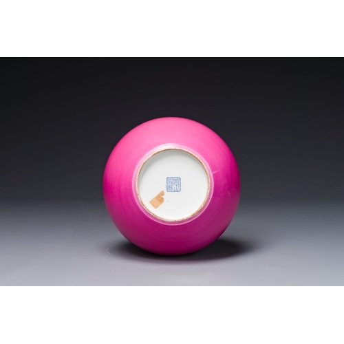 170 - A Chinese monochrome ruby-pink-glazed 'tianqiuping' vase on wooden stand, Yongzheng mark, 19/20th C.... 