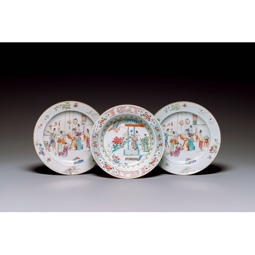 302 - A pair of Chinese famille rose plates with mandarin design and a famille rose 'Xi Xiang Ji' plate, Y... 