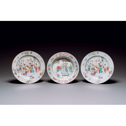 302 - A pair of Chinese famille rose plates with mandarin design and a famille rose 'Xi Xiang Ji' plate, Y... 