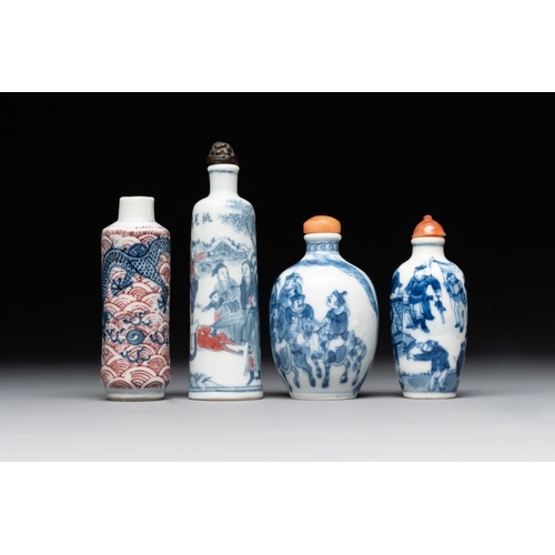 10 - Two Chinese blue and white snuff bottles and two blue, white and copper-red snuff bottles, Yongzheng... 