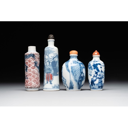 10 - Two Chinese blue and white snuff bottles and two blue, white and copper-red snuff bottles, Yongzheng... 