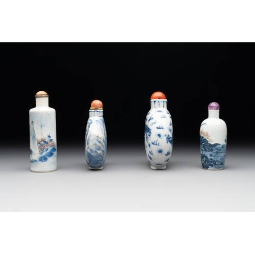 12 - Three Chinese blue, white and copper-red snuff bottles and a blue and white snuff bottle, Qianlong m... 