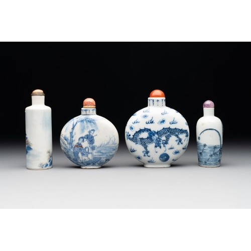 12 - Three Chinese blue, white and copper-red snuff bottles and a blue and white snuff bottle, Qianlong m... 