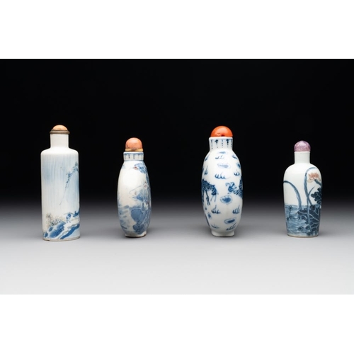 12 - Three Chinese blue, white and copper-red snuff bottles and a blue and white snuff bottle, Qianlong m... 