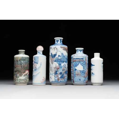 14 - Four Chinese blue, white and copper-red snuff bottles and a blue and white snuff bottle, 19/20th C.H... 