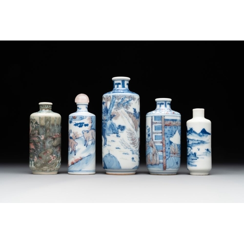 14 - Four Chinese blue, white and copper-red snuff bottles and a blue and white snuff bottle, 19/20th C.H... 