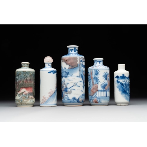 14 - Four Chinese blue, white and copper-red snuff bottles and a blue and white snuff bottle, 19/20th C.H... 