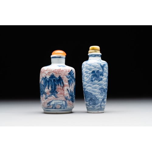 20 - Two Chinese blue, white and copper-red 'mythical animals' snuff bottles, Qianlong mark and of the pe... 