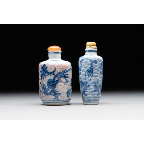 20 - Two Chinese blue, white and copper-red 'mythical animals' snuff bottles, Qianlong mark and of the pe... 