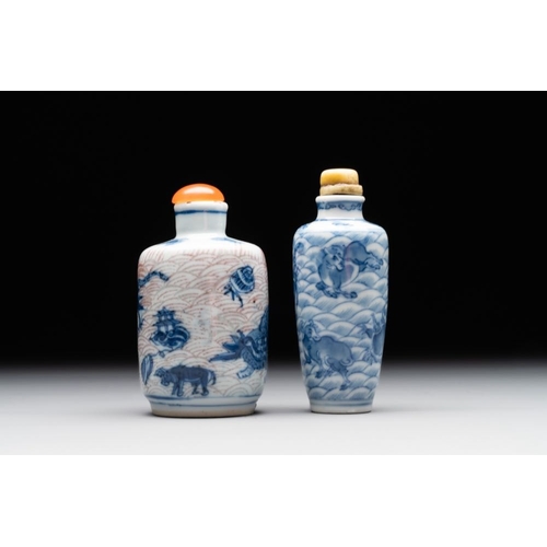 20 - Two Chinese blue, white and copper-red 'mythical animals' snuff bottles, Qianlong mark and of the pe... 