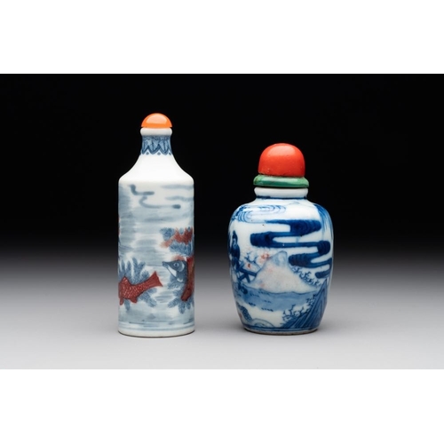 22 - Two Chinese blue, white and copper-red snuff bottles, Gui Li Lian Nian and Qianlong mark, 18/19th C.... 