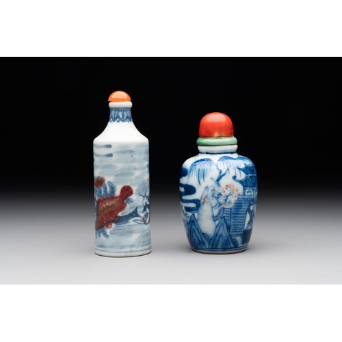 22 - Two Chinese blue, white and copper-red snuff bottles, Gui Li Lian Nian and Qianlong mark, 18/19th C.... 